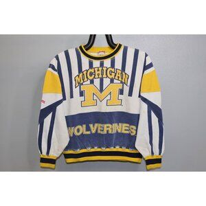 Vtg 90s Nutmeg Mills Michigan Wolverines Sweatshirt L Striped AOP Crewneck